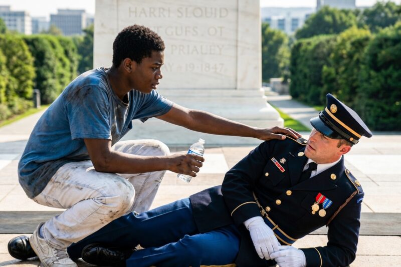 Poor Boy Helped Fallen Tomb Guard In 100F Heat—Next Day, 100 Marines Brought A Life Changing Gift 