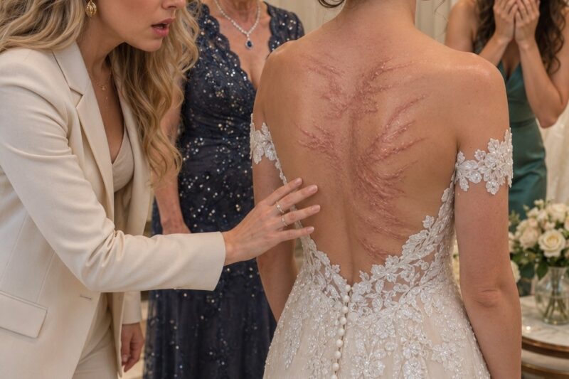 At the bridal boutique, my younger sister stepped out wearing her wedding gown. But when the seamstress eased the zipper down, my heart froze. Fresh dark bruises covered her back.